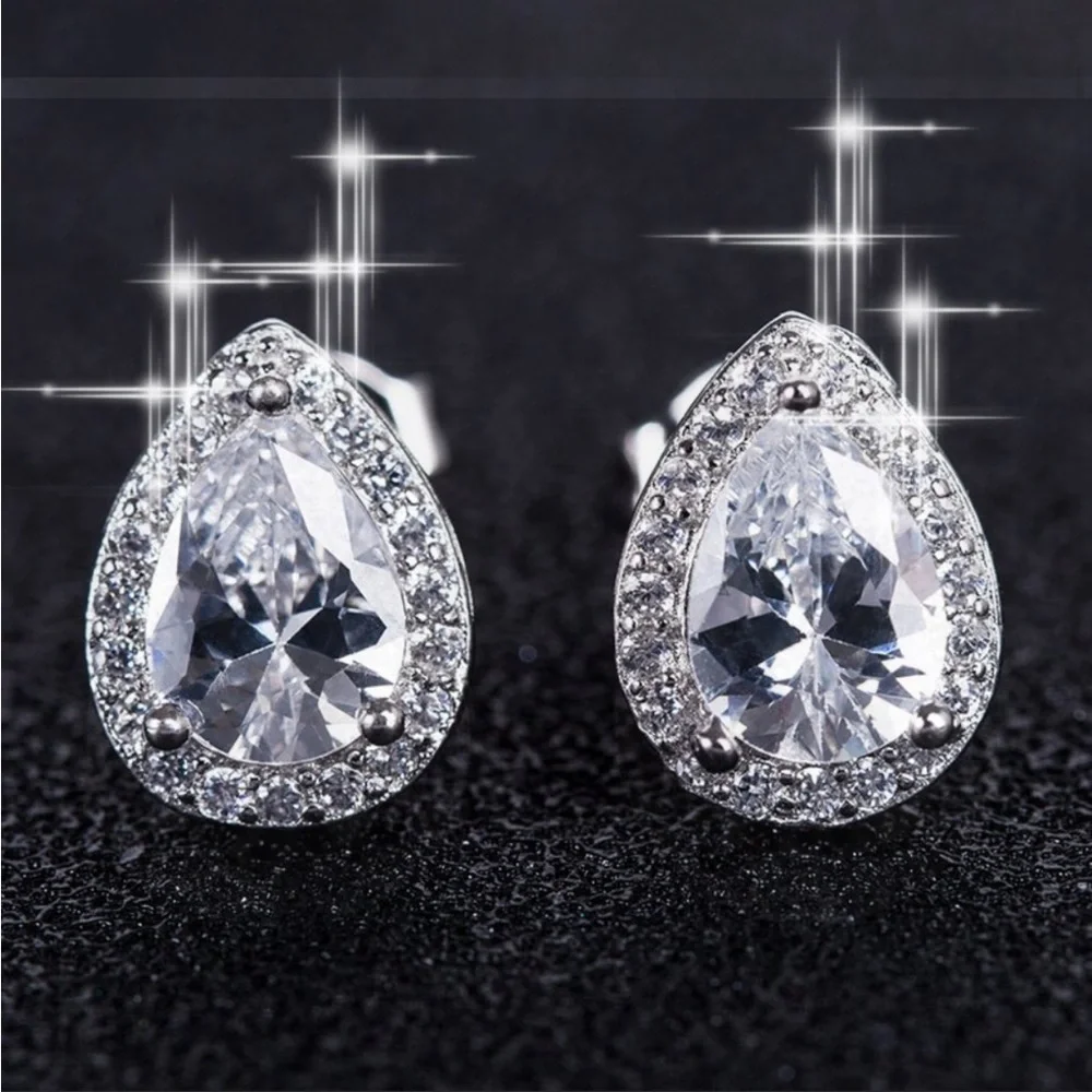 New Delicate Water Drop Diamond Beautiful Pear Stud Earrings for Women - Picture 3 of 8